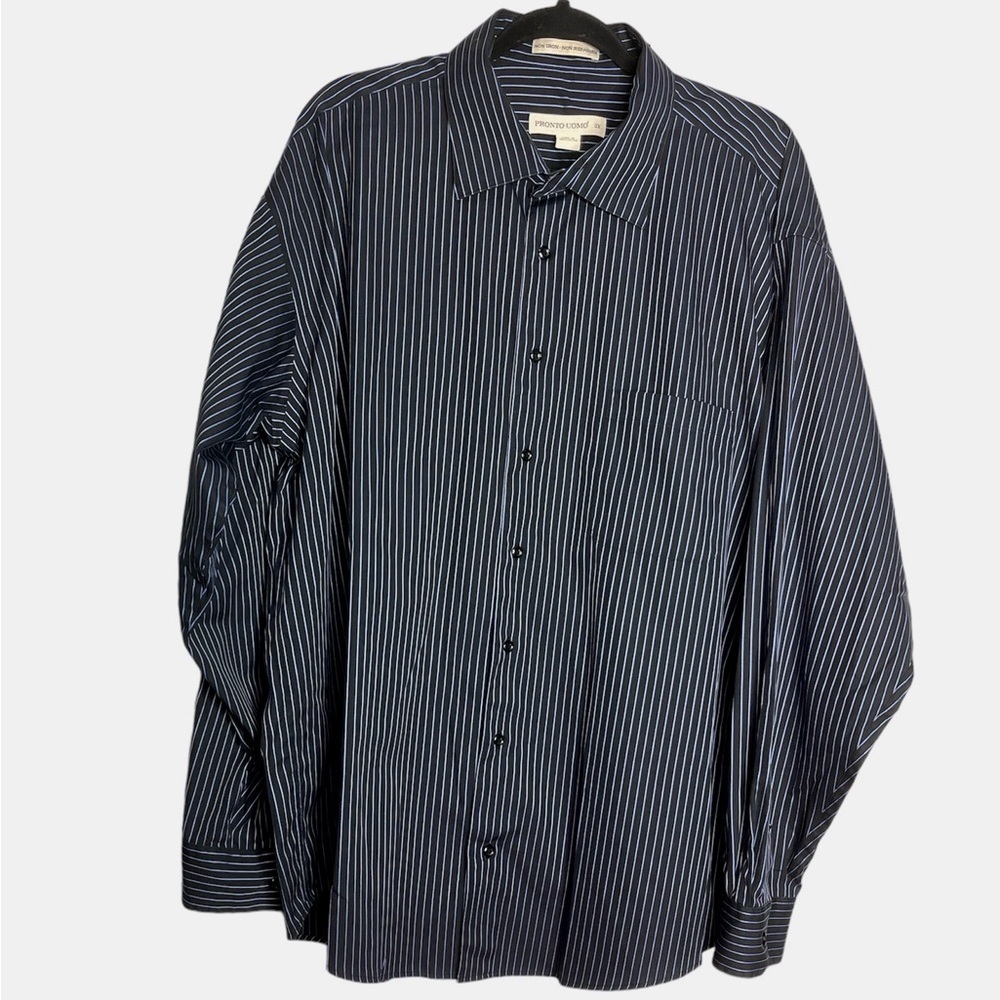 Pronto Uomo Black & Blue Striped Long Sleeve Button Up Dress Shirt, size 2X